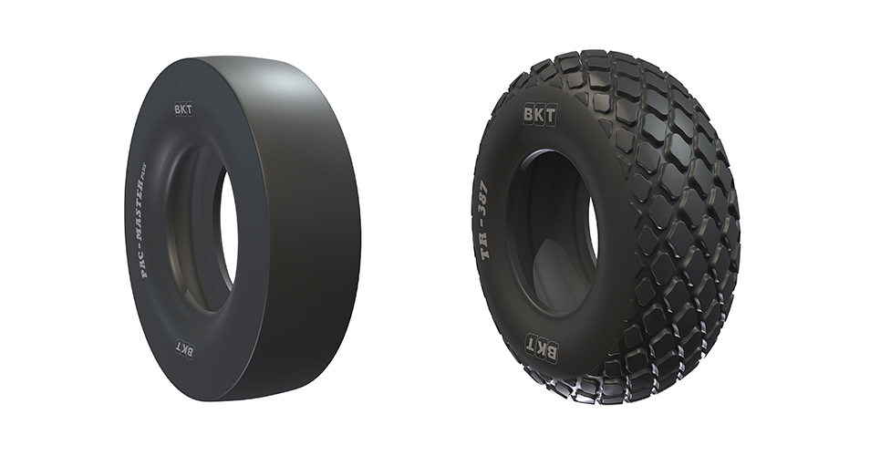 Left: BKT has developed tyres for use with pneumatic asphalt compactors, Right: New tyres for use waith soil compactors have been developed by BKT