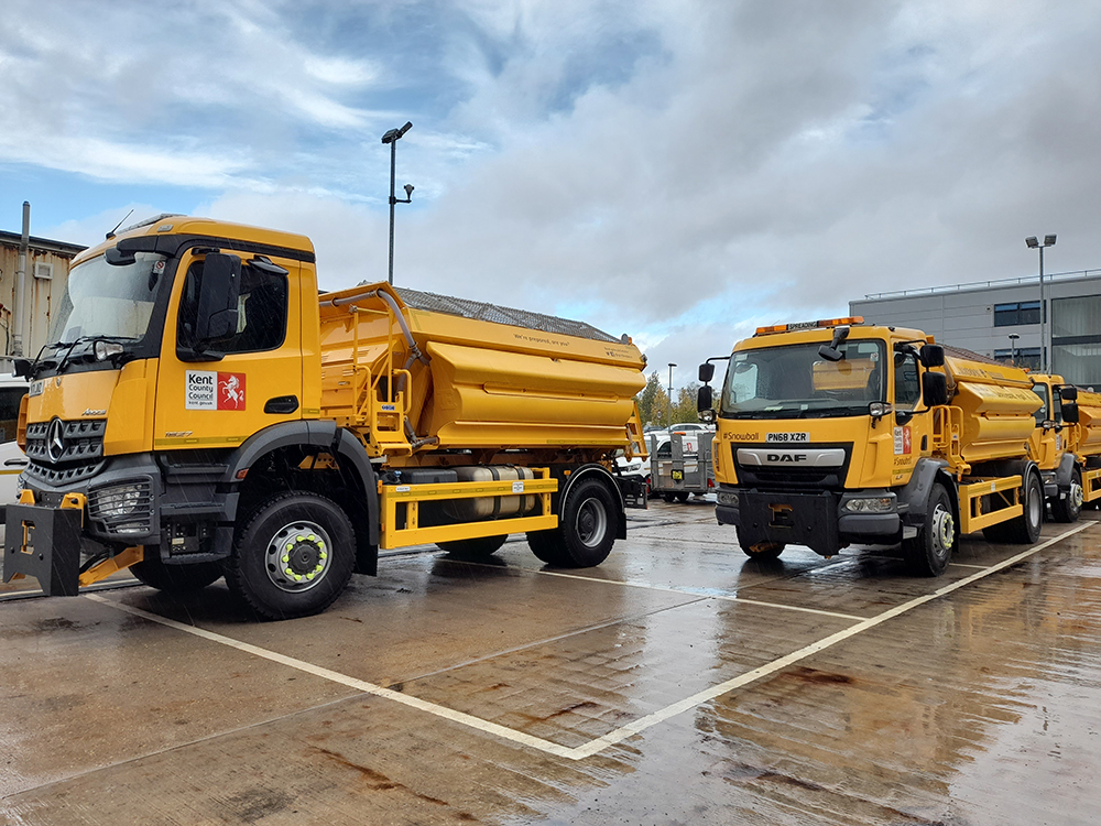 Gritters line up as part of Kent county’s work to spread around 12,500 tonnes of grit (image courtesy Amey)