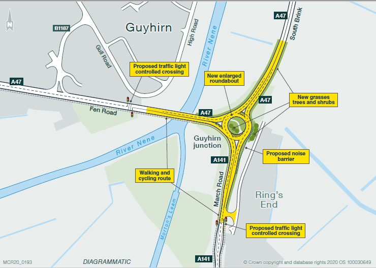 The Guyhirn roundabout is the first part of the A47 route to be improved - image © courtesy of Highways England