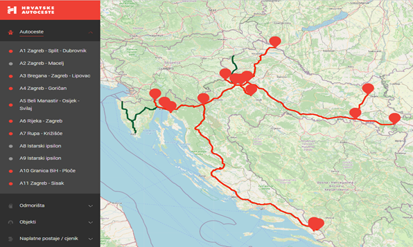 Figure 1: Motorways A1, A3, A4, A5, A6, A7, A10 and A11 in Croatia, marked with red line | Source: Interactive map (Hrvatske Autoceste d.o.o, 2021).