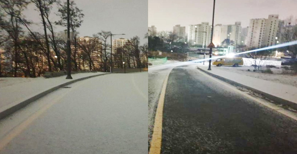 Anti-icing asphalt pavement ( right) compared with the same without anti-icing ( left) 