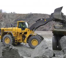 Volvo CE wheeled loader transports the granite in south indian villages