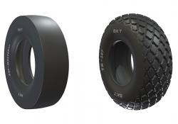 Left: BKT has developed tyres for use with pneumatic asphalt compactors, Right: New tyres for use waith soil compactors have been developed by BKT